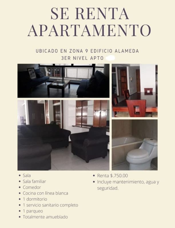 SE RENTA APARTAMENTO AMUEBLADO EN ZONA 9 EN EDIFICIO ALAMEDA 