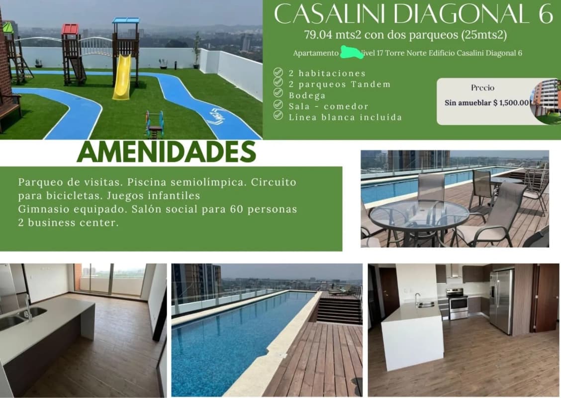 RENTO APTO CASALINI DIAGONAL 6 Z.10 REF.6904 *79.04 MTS2, 2 HAB, 2 BAÑOS, 2 PARQUEOS, BODEGA, LINEA BLANCA, $1500*