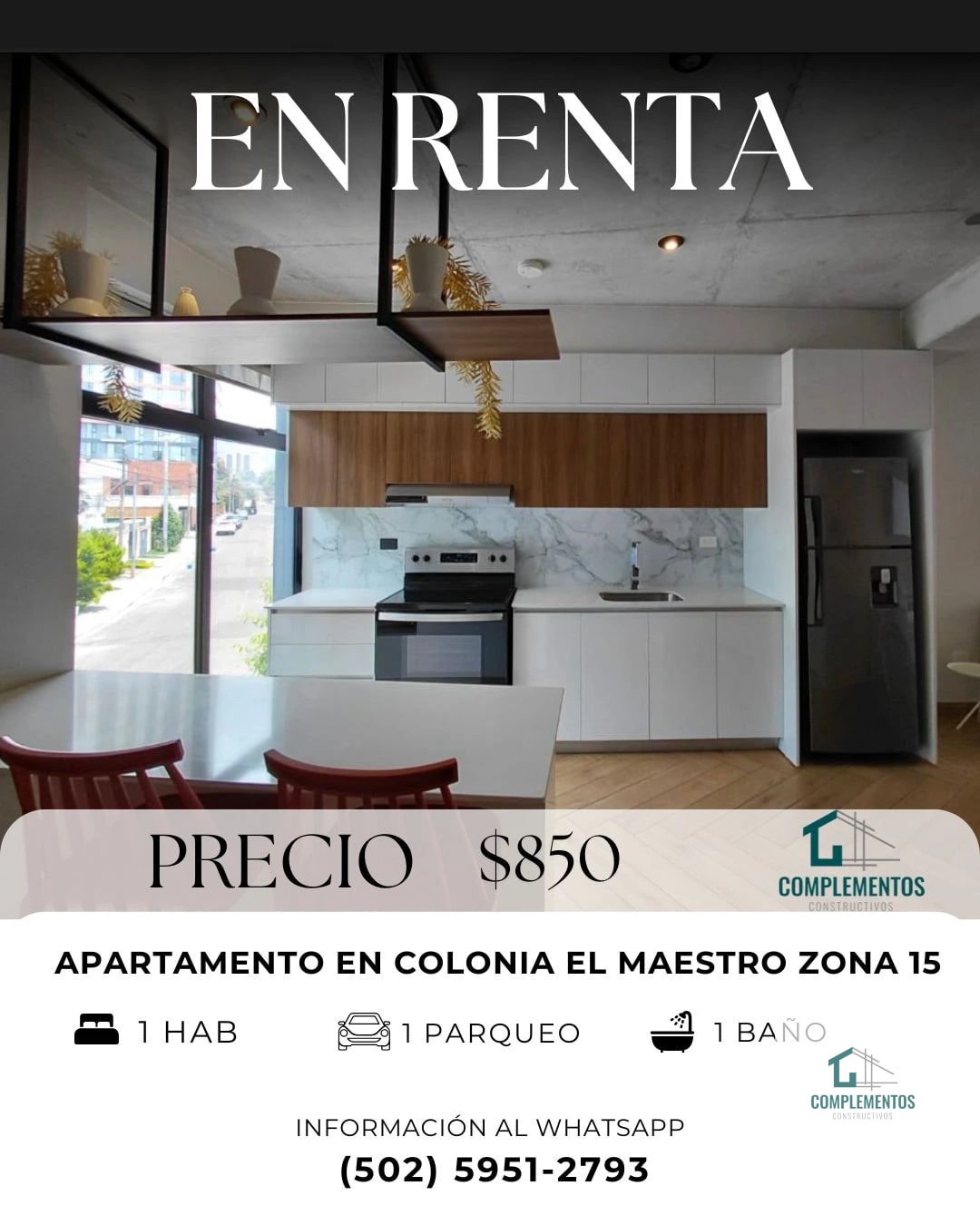 Apartamento en Renta zona 15 VH ll, 1hab. 50M2 — Apartamento en Alquiler en Colonia El Maestro, Zona 15, Guatemala, Ciudad — foto 1 de 7