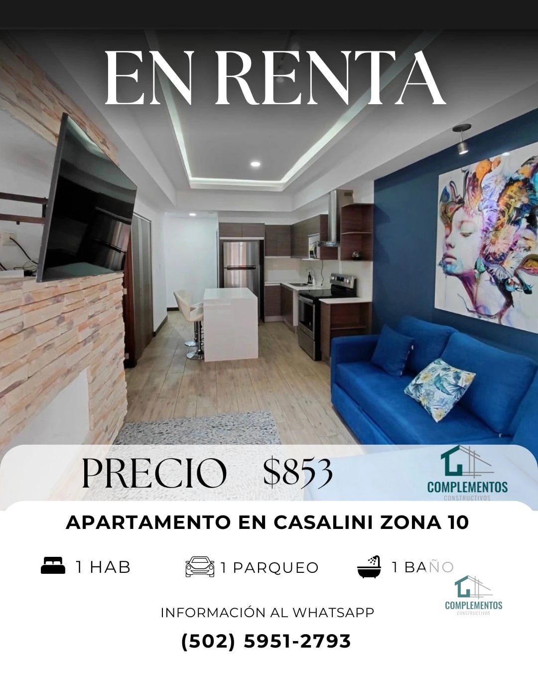 Casalini Diagonal, Apartamento en Renta zona 10, 1hab. 58 m2 — Apartamento en Alquiler en Casalini Diagonal 6, Zona 10, Guatemala, Ciudad — foto 1 de 8