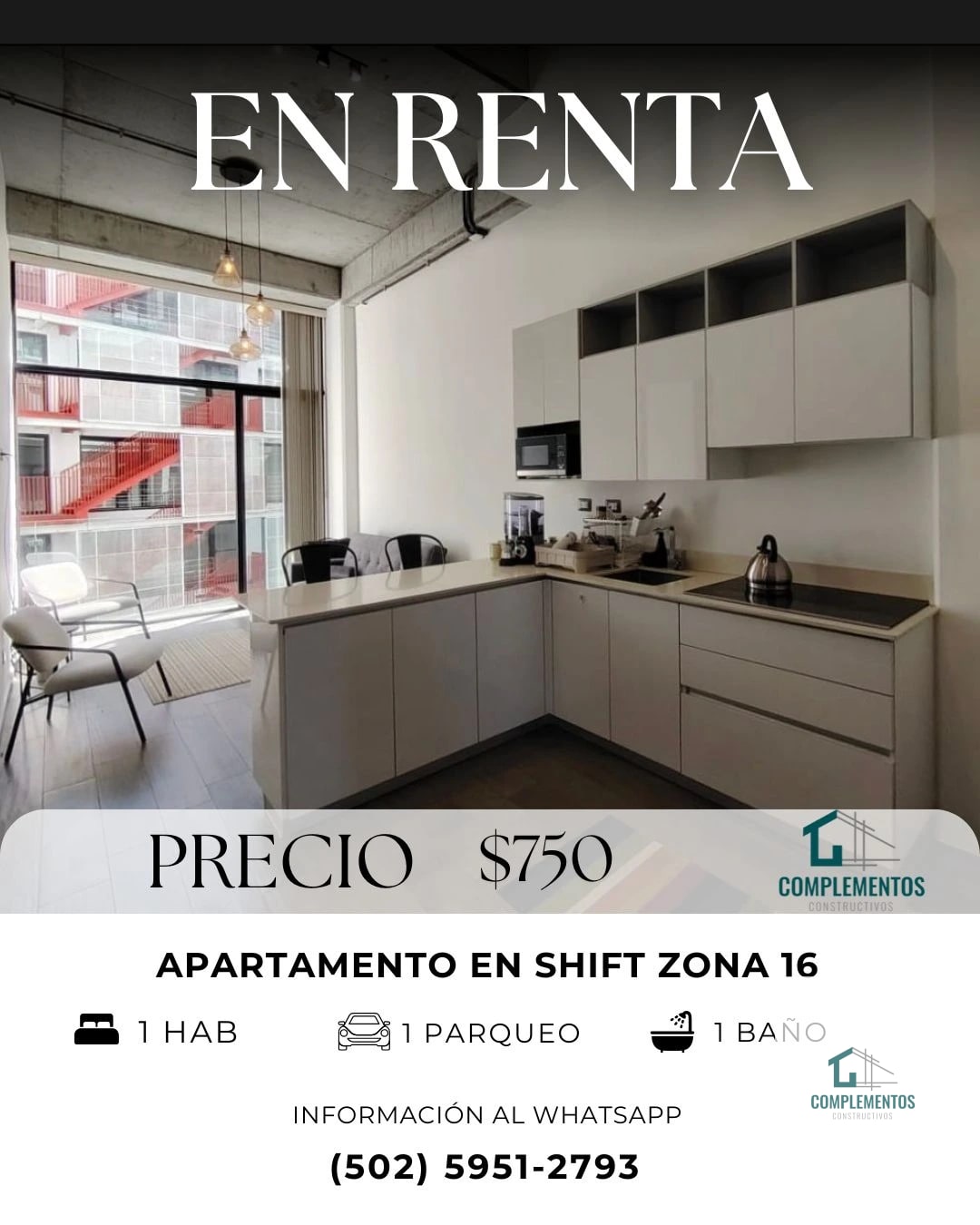 Shift Cayala, Apartamento en Renta Zona 16, 1hab. 50 m2 — Apartamento en Alquiler en shift cayala, Zona 16, Guatemala, Ciudad — foto 1 de 9