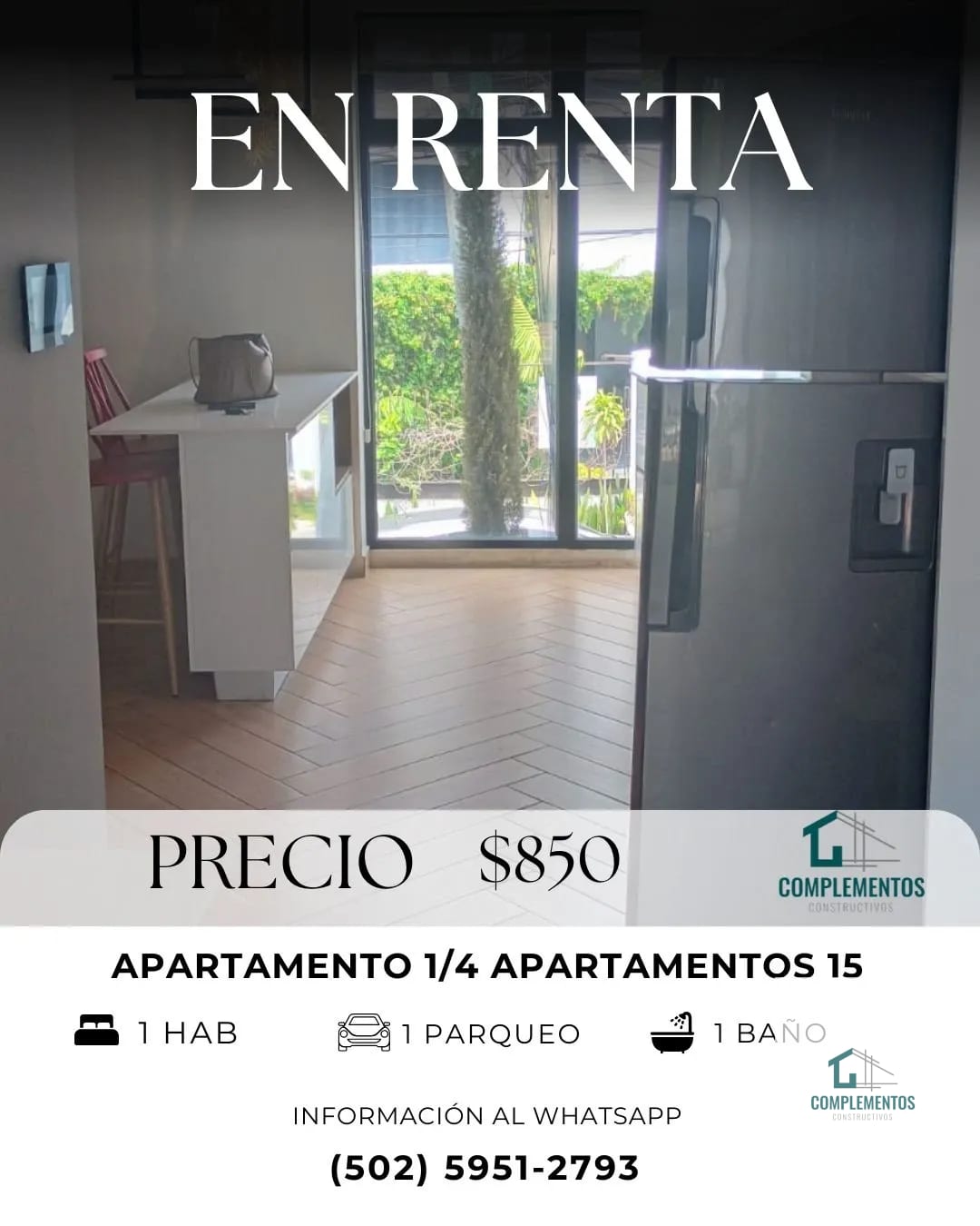 1/4 Apartamentos, Apartamento en Renta zona 15, 1hab. 50 m2 — Apartamento en Alquiler en Zona 15, Guatemala, Ciudad — foto 1 de 6