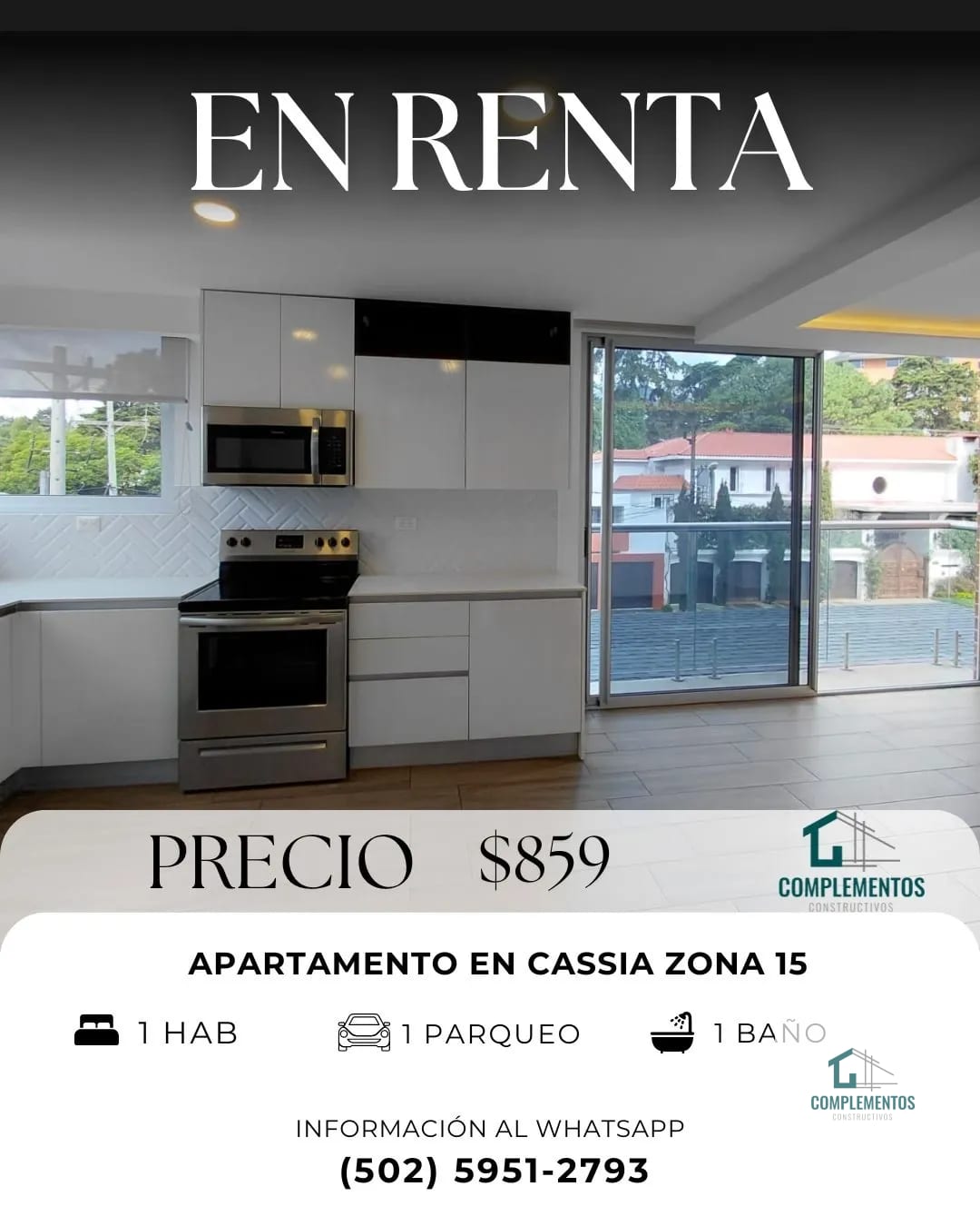 Cassia, Apartamento en Renta zona 15, 1hab. 50m2 — Apartamento en Alquiler en Cassia, Zona 15, Guatemala, Ciudad — foto 1 de 17