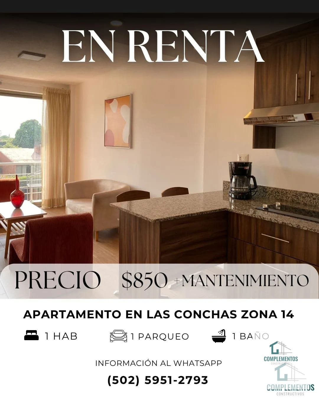 Las Conchas, Apartamento en renta Zona 14, 1 hab. 50m² — Apartamento en Alquiler en Las Conchas, Zona 14, Guatemala, Ciudad — foto 1 de 5