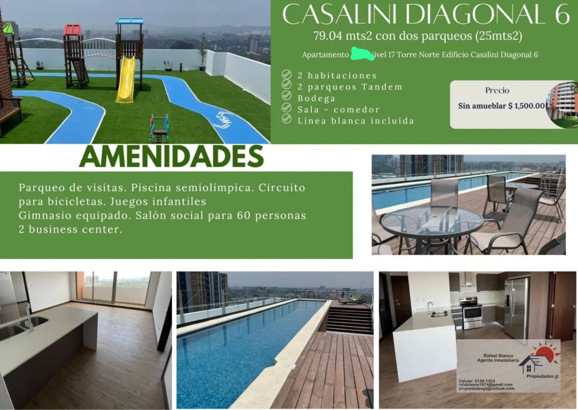 RENTO APTO CASALINI DIAGONAL 6 Z.10 REF.6904 *79.04 MTS2, 2 HAB, 2 BAÑOS, 2 PARQUEOS, BODEGA, LINEA BLANCA, $1500* - 1